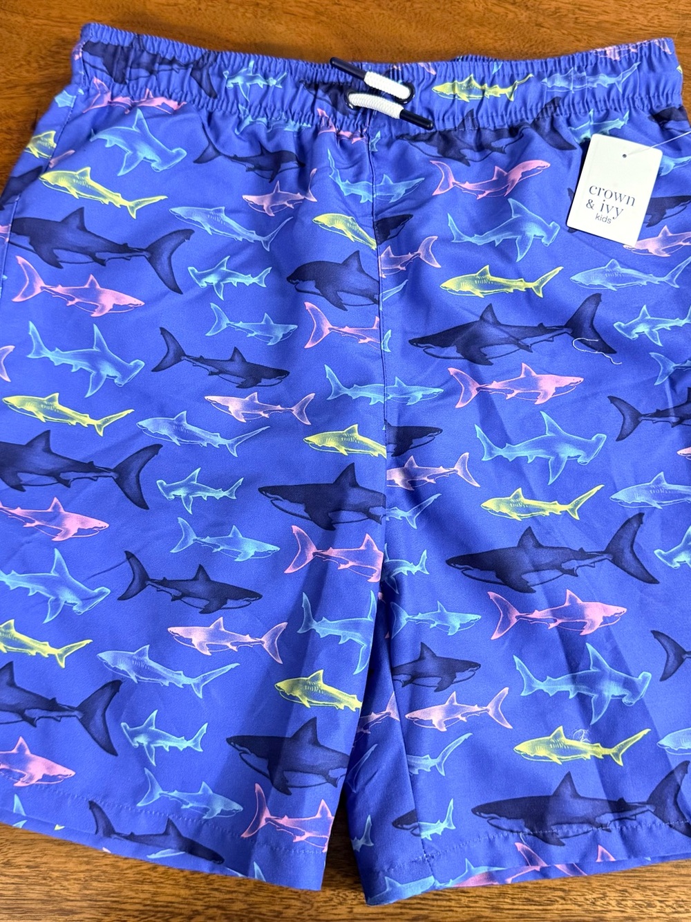 Brand New-Crown & Ivy Kids Blue Shark Print Swim Trunks